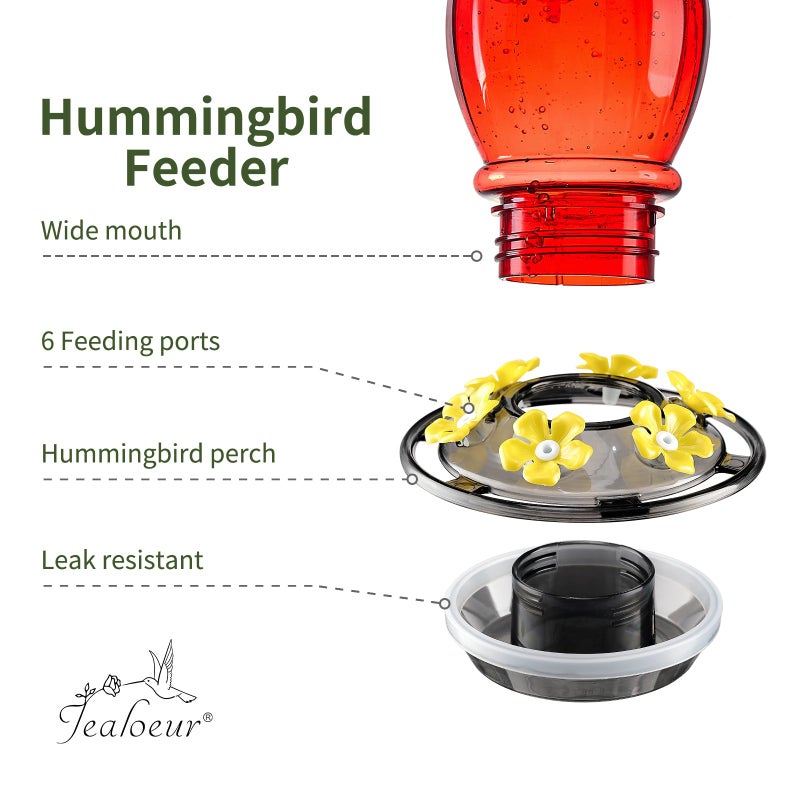 Jealoeur Hummingbird Feeder for Outdoors Hanging, 18 OZ Humming Birds Feeders with 6 Bee Guard Feeding Ports & Built-in Ant Moat, Easy to Clean, Durable Outdoor Garden Decor (Red 1 Pack-C) - Image 4