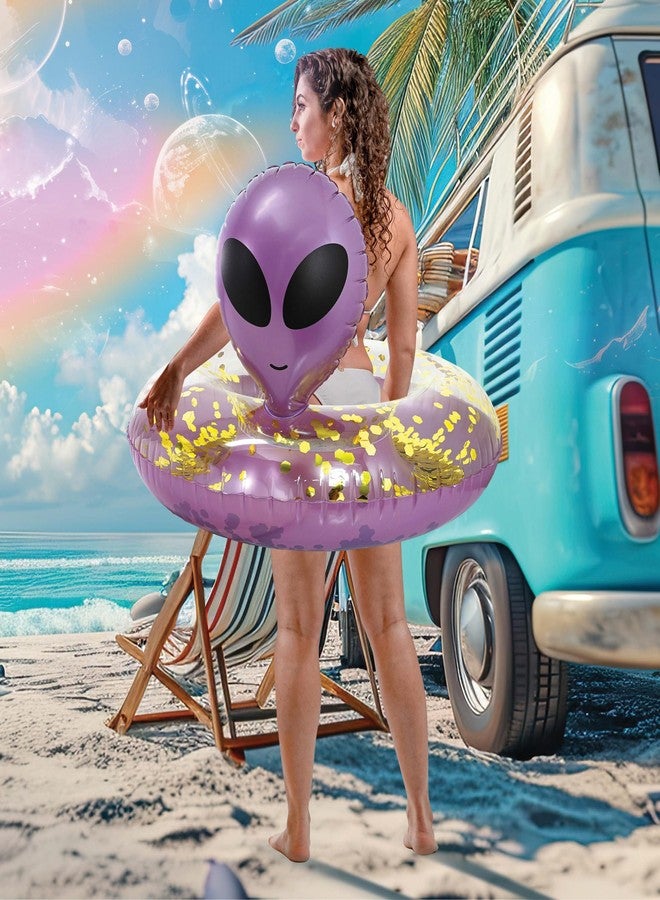POZA Inflatable Alien Pool Float Tube - Heavy Duty Vinyl UV Resistant Confetti Pool Alien Floatie, Cool Pool Float Swim Ring Pool Inflatables for Kids, Adults for Beach, Party, Vacation - Purple Gold - Image 4
