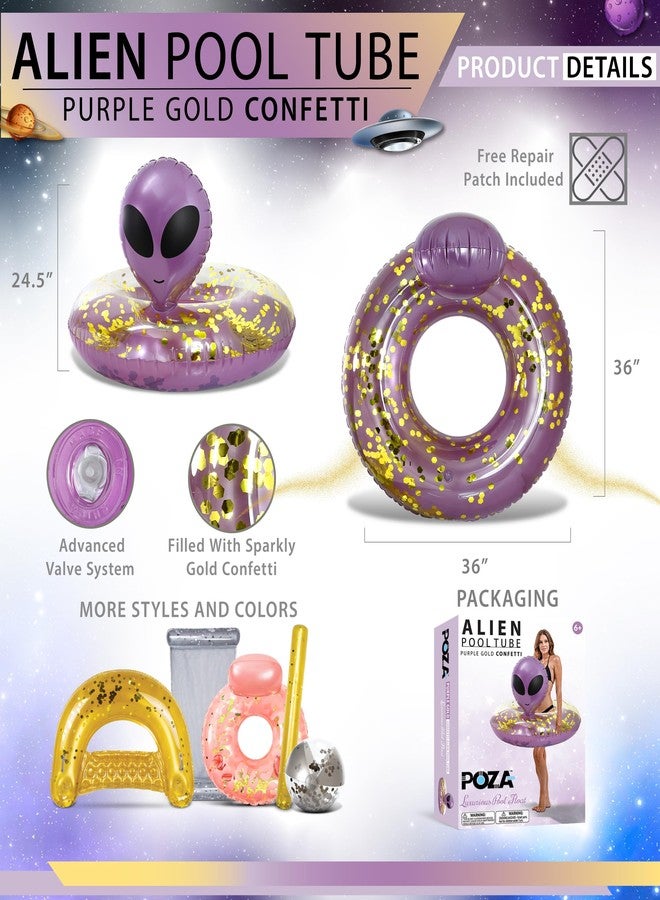 POZA Inflatable Alien Pool Float Tube - Heavy Duty Vinyl UV Resistant Confetti Pool Alien Floatie, Cool Pool Float Swim Ring Pool Inflatables for Kids, Adults for Beach, Party, Vacation - Purple Gold - Image 2
