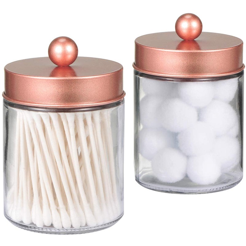 Amolliar Apothecary Jars Bathroom Storage Organizer Countertop Storage Organizer Canister  Attractive Qtip Dispenser Holder Glass with Lid for Cotton SwabsBath SaltsHair Band  2PackRose Gold