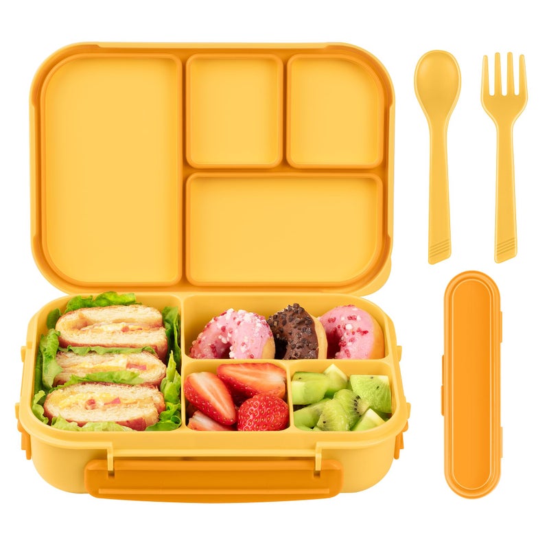 Amathley Lunch Box KidsBento Box AdultLeakproof Lunch Containers for AdultsKidsToddler1200ML4 Compartments bento Lunch box with UtensilMicrowave Dishwasher Freezer Safe Yellow