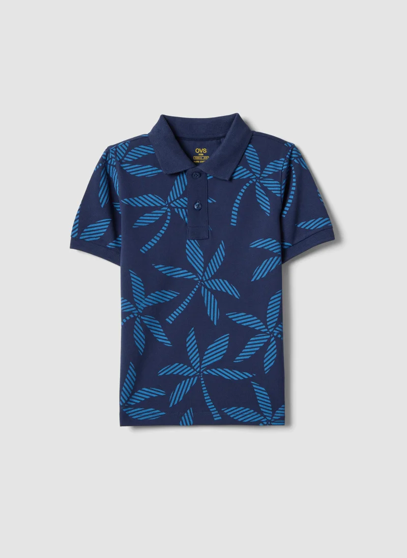 او في اس OVS Boys Blue Pure Cotton Polo Shirt, Regular Fit, With Floral Print