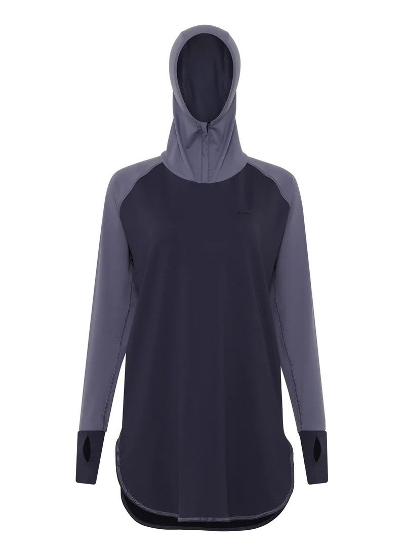 Vicino - Vicino Women's Sports Set: Long-sleeved, hooded sweatshirt with thumbhole and high-waisted workout pants, navy blue - Image 1
