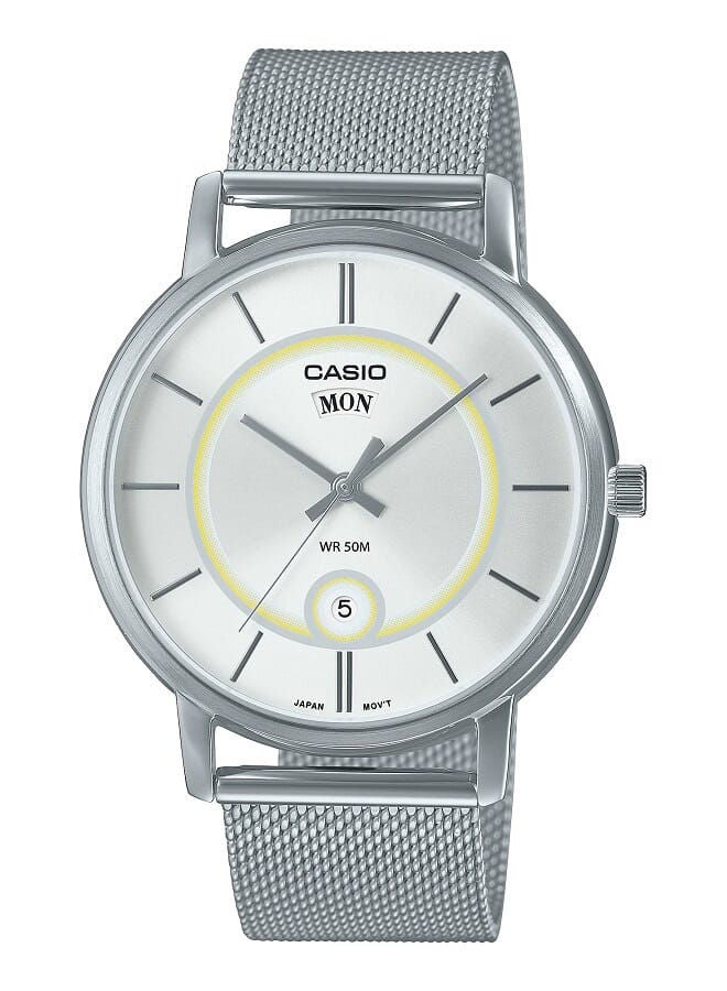 CASIO ساعة رجالية انالوج بمينا ابيض وبسوار شبكي من الستانلس ستيل MTP-B120M-7AVDF - Image 1