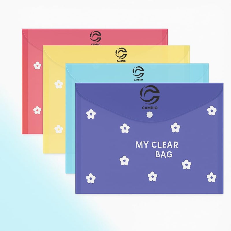 FUTURE X A4 Size Clear Bag (Set of 10), Full Size A4, Floral Design, Transparent Plastic Container for Papers, Button Closer File, Document File/Folder, (Multicolor_A4 Size)_10 - Image 3
