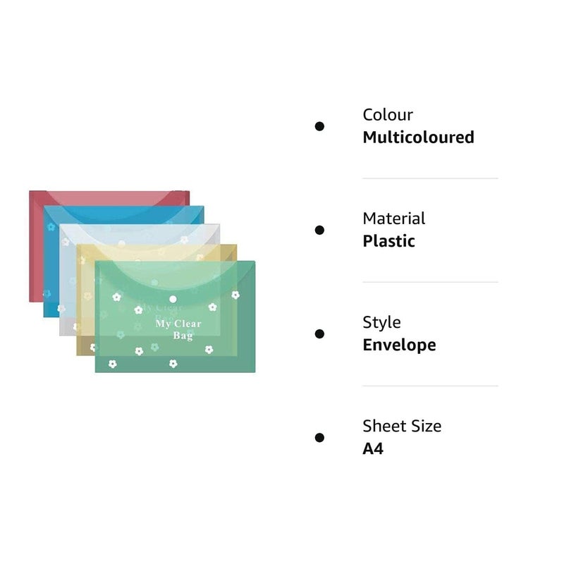 FUTURE X A4 Size Clear Bag (Set of 10), Full Size A4, Floral Design, Transparent Plastic Container for Papers, Button Closer File, Document File/Folder, (Multicolor_A4 Size)_10 - Image 5