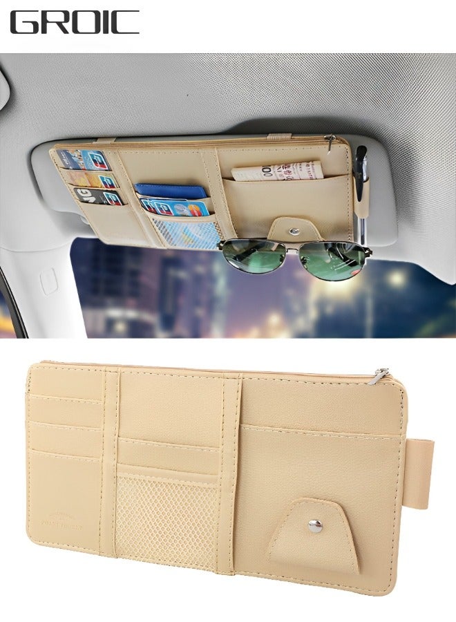 GROIC Car Sun Visor Organizer, Pu Leather Auto Interior Accessories Storage Multi-Pocket Double Zipper Net Pocket, for Cards Pens Sunglasses Holders Newest  - Image 1