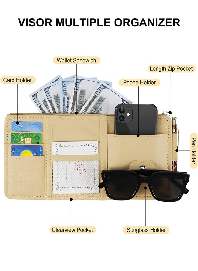 GROIC Car Sun Visor Organizer, Pu Leather Auto Interior Accessories Storage Multi-Pocket Double Zipper Net Pocket, for Cards Pens Sunglasses Holders Newest  - Image 3