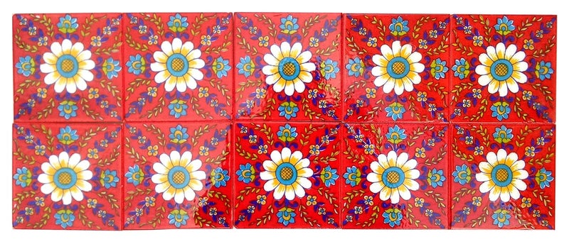 Shiv Kripa Blue Pottery Home Decor Tile Ceramic High Lighter Wall Bathroom Tiles 4 x 4 Inch Set of 10 Tiles Red Multicolor