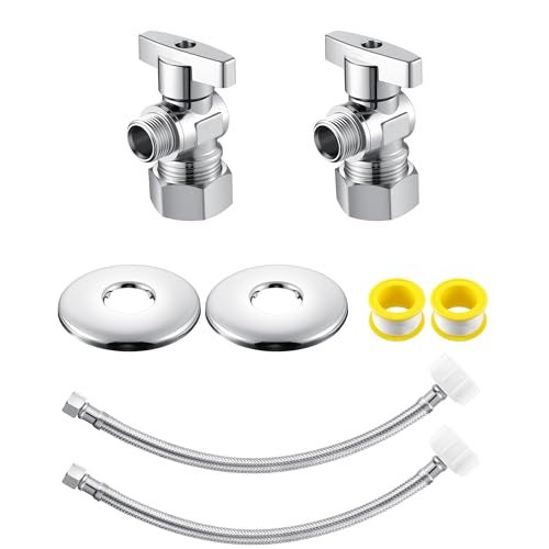 Dreyoo 2 Pack Complete Toilet Valve Set Includes 12 Nom Inlet x 38 OD Compression Outlet Angle Shut Off 78 BC x 38 COMP Toilet Water Supply Line Escutcheon Plate Sealing Tape 12 Inch - Image 1