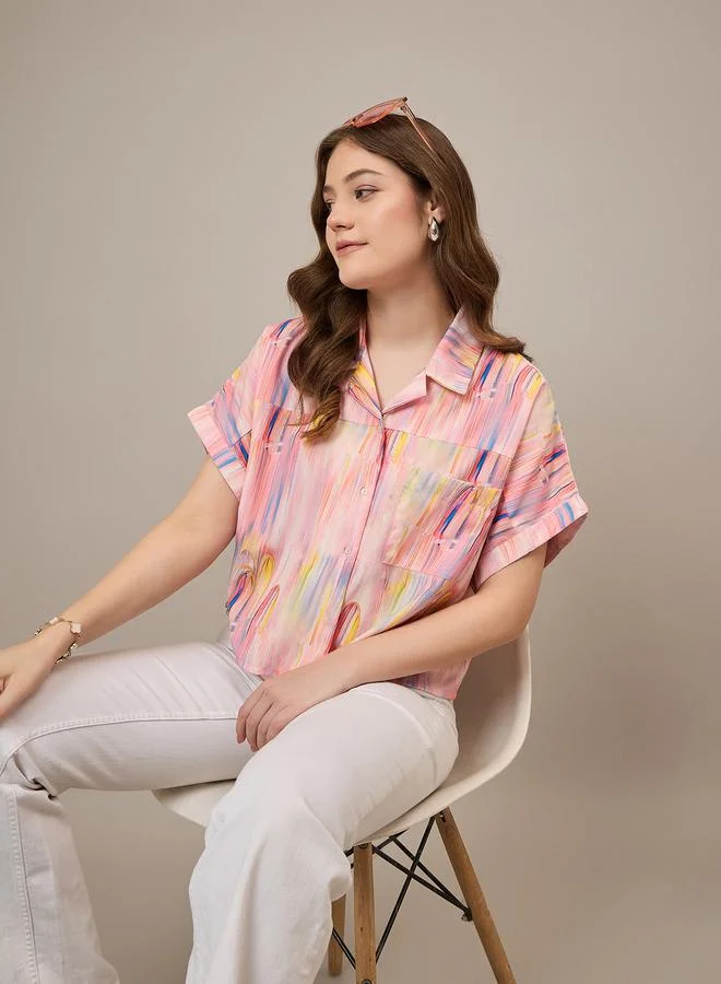 Kuwarii Multi Marble Print Boxy Satin Shirt