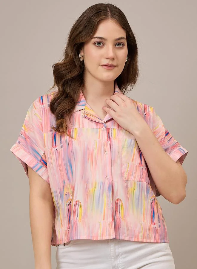 كواري قميص ساتان واسع بطباعة رخامية متعددة الألوان