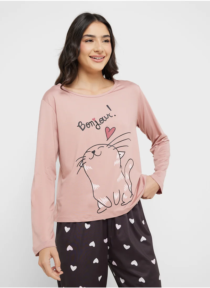Ginger Long Sleeves Bonjour T-Shirt & Pyjama Set
