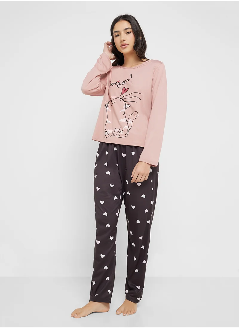 Ginger Long Sleeves Bonjour T-Shirt & Pyjama Set