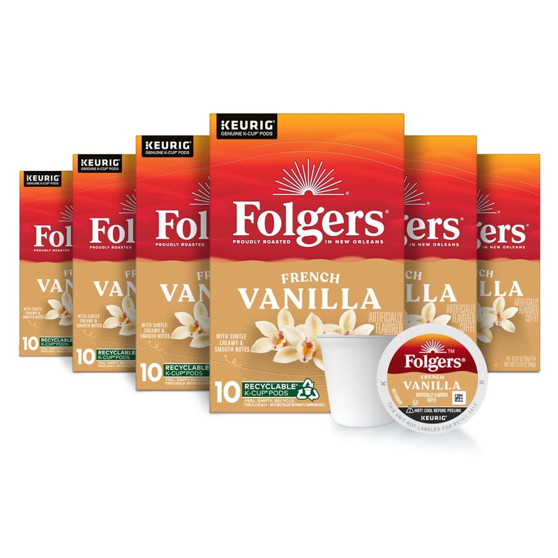 Folgers French Vanilla Artificially Flavored Coffee, Keurig K-Cup pods, 10 Count Box (Pack of 6) - Image 1