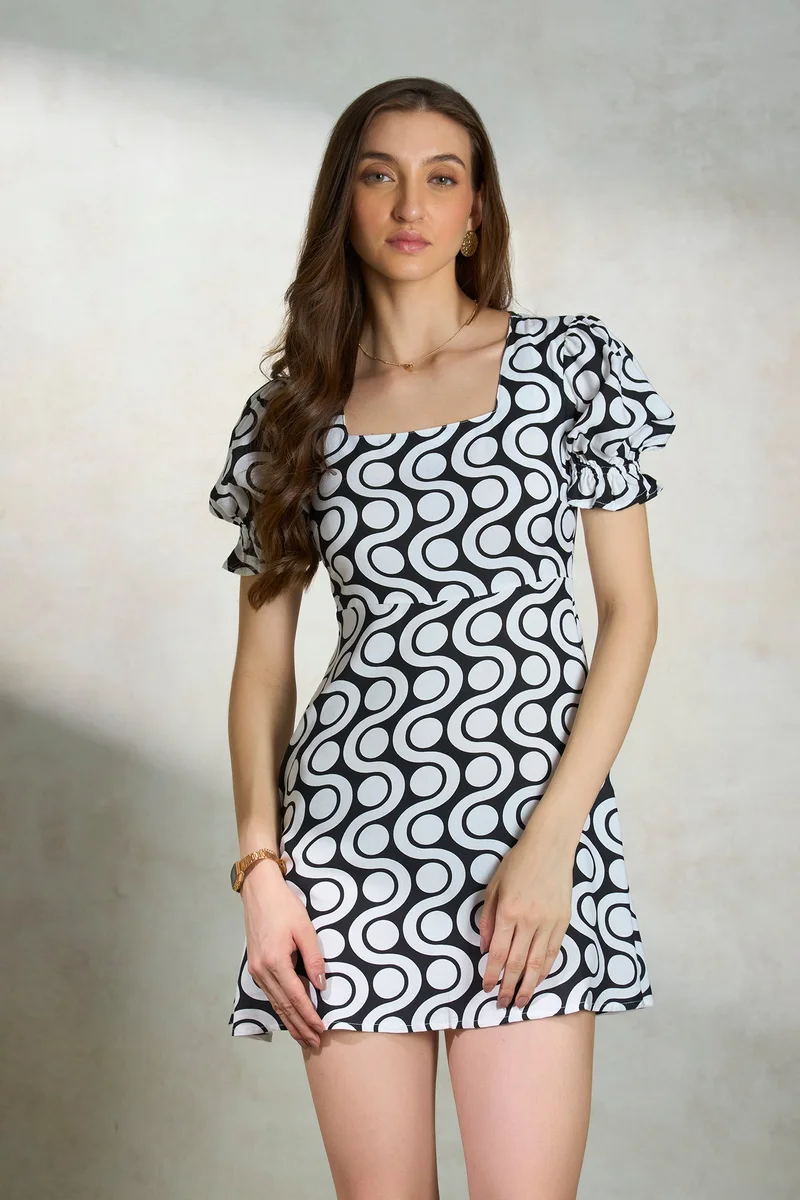 فيرجيو Abstract Viscose Puff Sleeve Printed Dress for Women