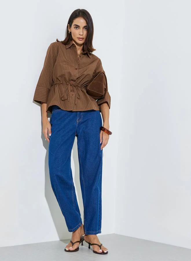 ستايلي Tan Pinstripe 3/4 Sleeve Shirt with Drawstring Waist