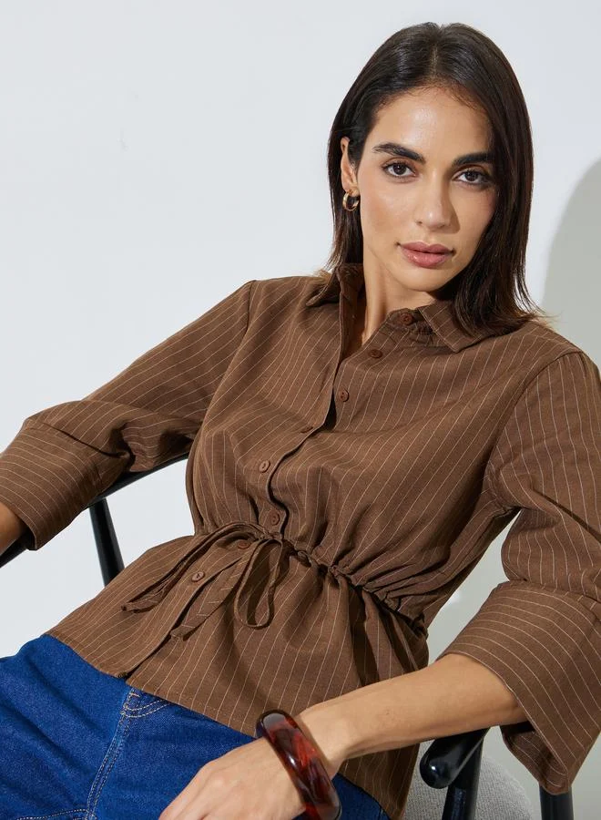 ستايلي Tan Pinstripe 3/4 Sleeve Shirt with Drawstring Waist
