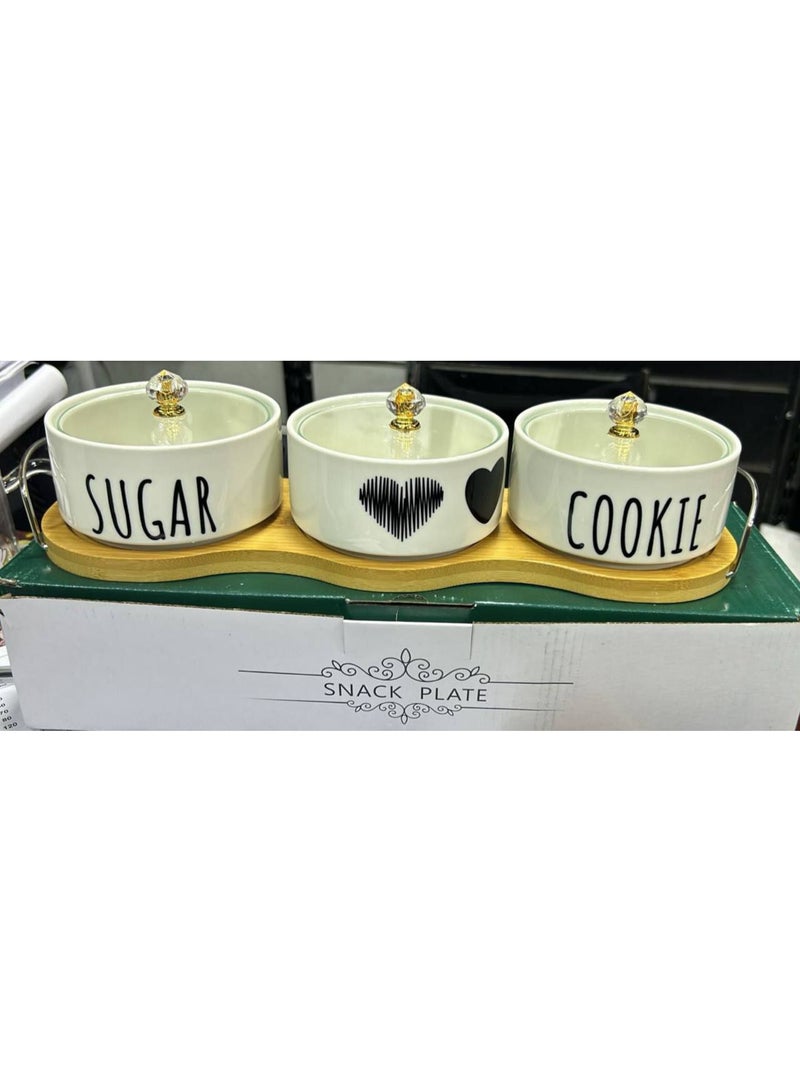 طقم تسالى و كاندي بورسلين بغطاء بيركس بمقبض كريستال جولد + استاند أو تري خشب بمقبض معدن طقم 3 قطعه - Image 2