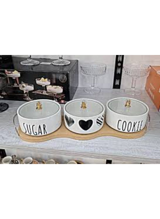 طقم تسالى و كاندي بورسلين بغطاء بيركس بمقبض كريستال جولد + استاند أو تري خشب بمقبض معدن طقم 3 قطعه - Image 1