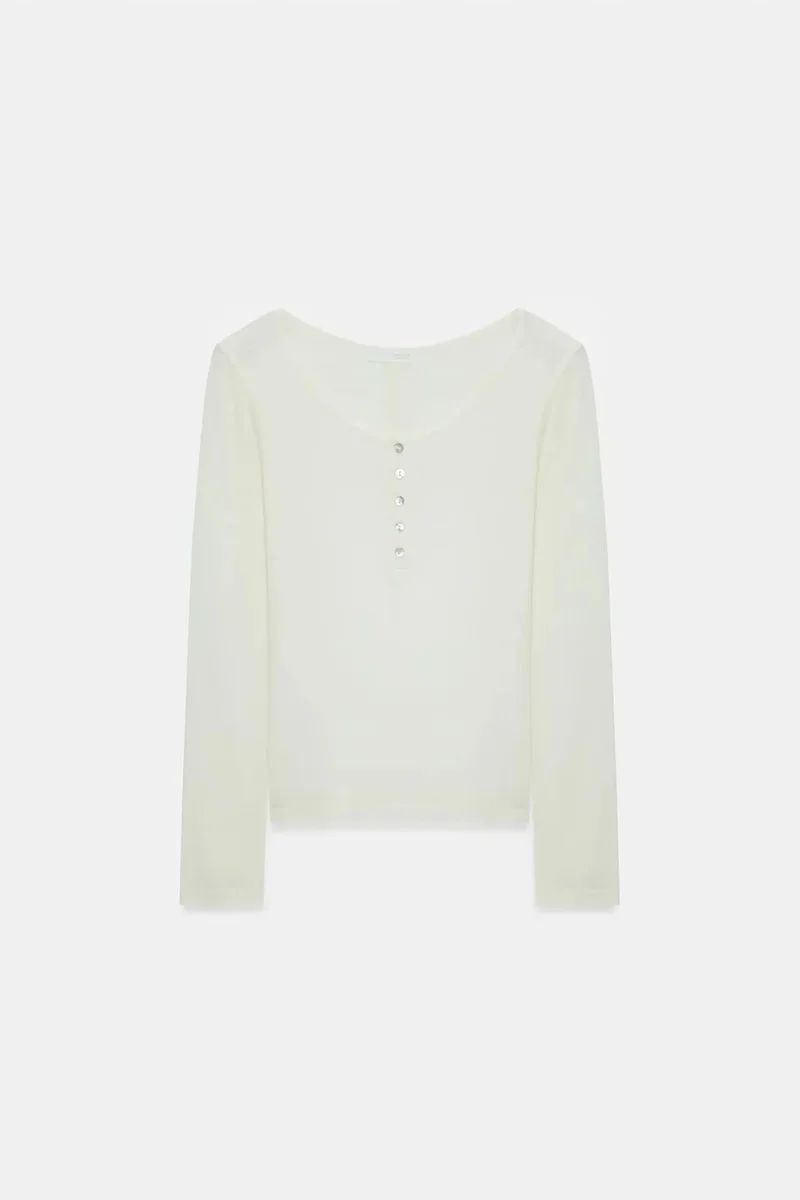 Dilvin Ivory Natural DILVIN Slim-Fit Wool Knit Blouse With Buttons for Women | Best Price UAE