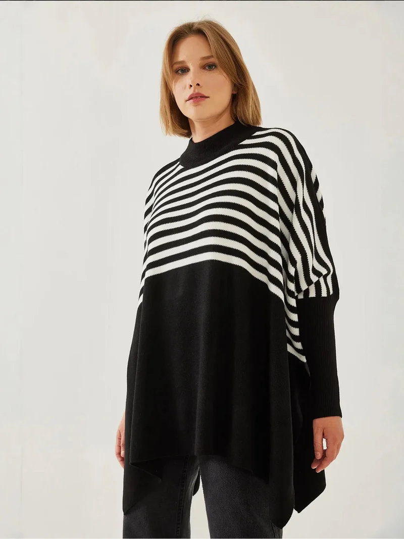 Bianco Lucci Black LUCCI Striped Turtleneck Loose Fit Sweater for Women | Best Price UAE
