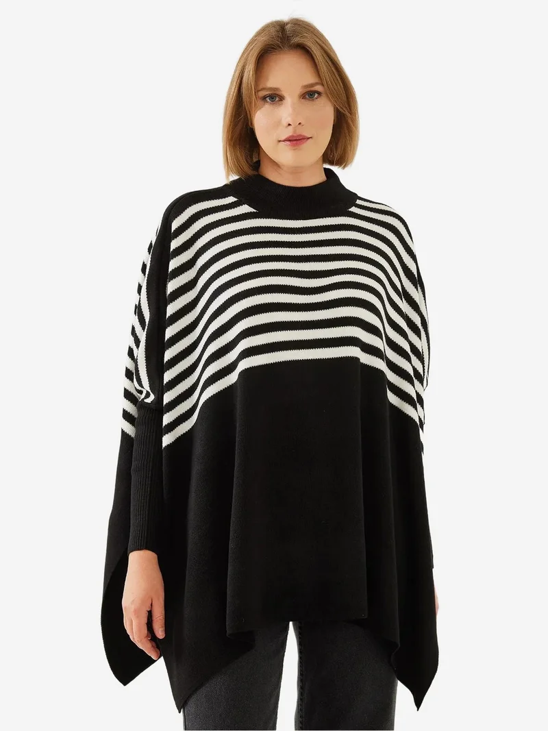 Bianco Lucci Black LUCCI Striped Turtleneck Loose Fit Sweater for Women | Best Price UAE