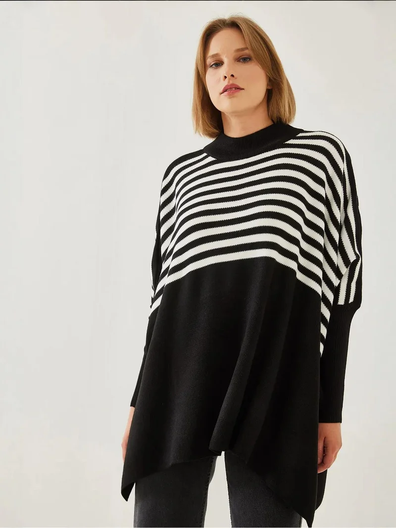 Bianco Lucci Black LUCCI Striped Turtleneck Loose Fit Sweater for Women | Best Price UAE
