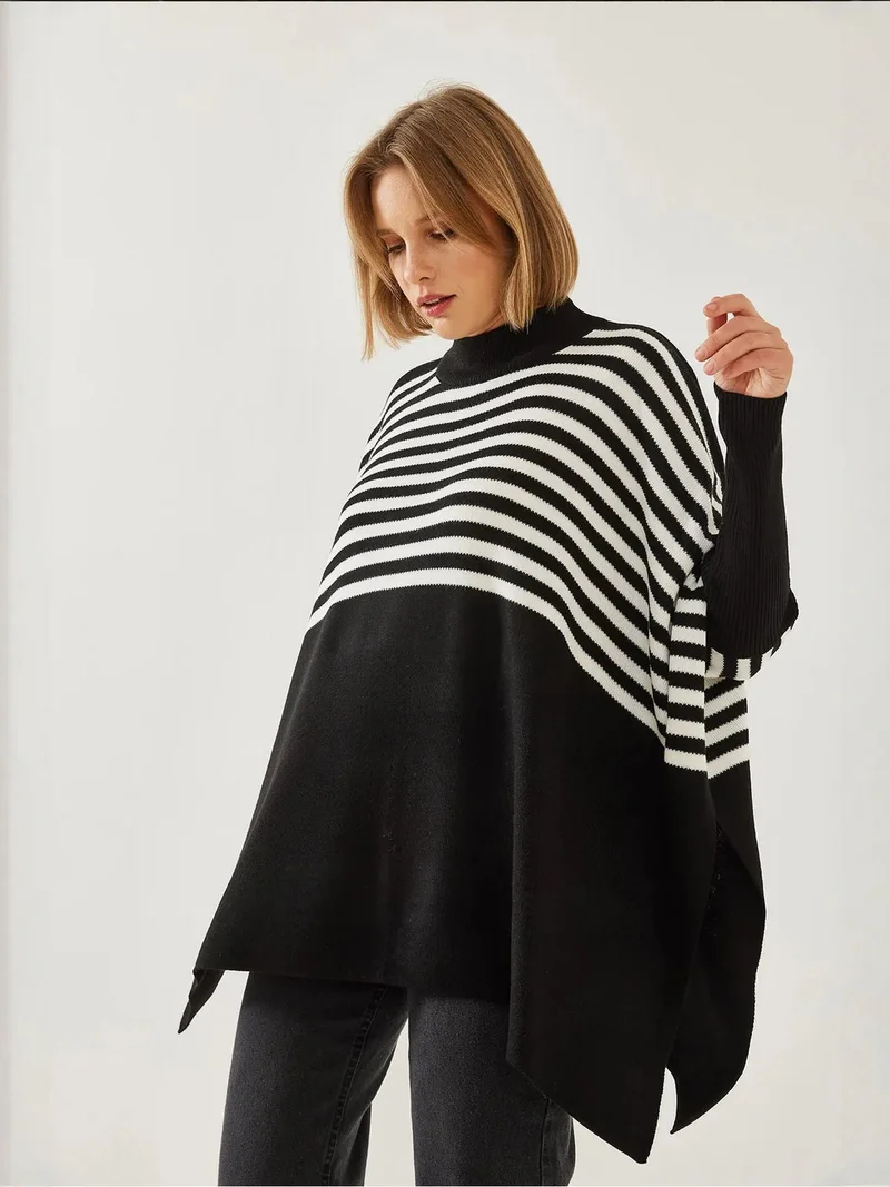 Bianco Lucci Black LUCCI Striped Turtleneck Loose Fit Sweater for Women | Best Price UAE