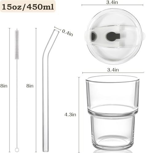 AUFXKOO 15oz Iced Coffee Cups with Lids Reusable2Pcs Glass Matcha CupsGlass Cups with Lids and StrawsClear Glass Coffee Tumbler for Drinking WaterTeaJuice - Image 3
