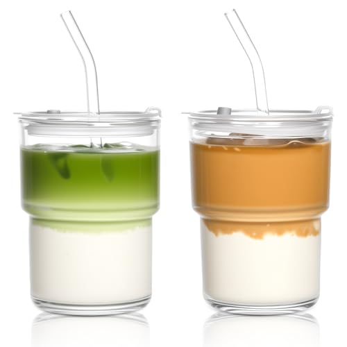 AUFXKOO 15oz Iced Coffee Cups with Lids Reusable2Pcs Glass Matcha CupsGlass Cups with Lids and StrawsClear Glass Coffee Tumbler for Drinking WaterTeaJuice - Image 1