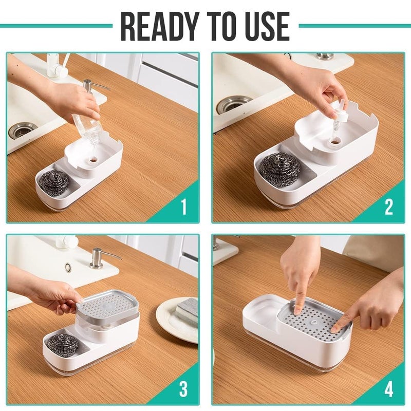 VATTU Soap Dispenser for Kitchen with Sponge Holder 400ml Hollow Design Durable Smooth Body Rust Proof 3 in 1 Liquid Soap Dispenser Sink Dish Washing Soap Dispenser Set NR1862 Pack of 1 - Image 5