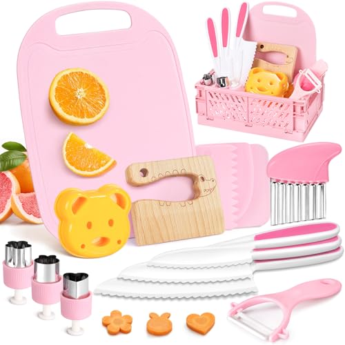 Suhctuptx Toddler Knife Set Kids Knife Set for Real Cooking Kid Safe Knives with Cutting Board Crinkle Cutters Montessori Kitchen Toys Toddler Girl Gifts Age 3 4 5 6 7 8 Year Old - Image 1