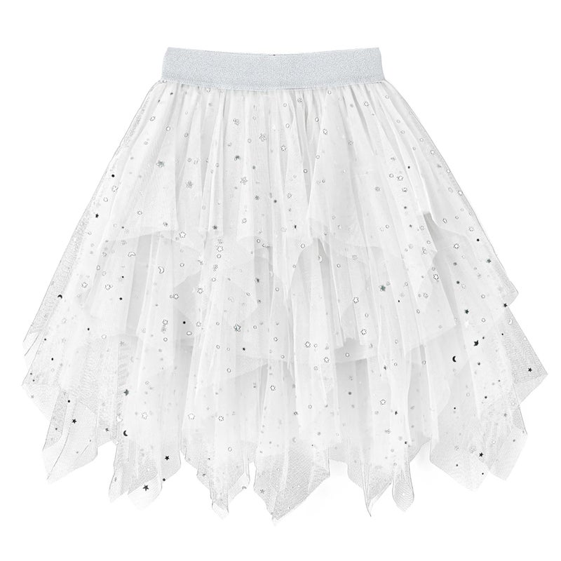 Jastore Girls Sweet Layered Mesh Skirt Party Birthday Dance Princess Skirt (US, Age, 8 Years, 11 Years, Sequin-White)