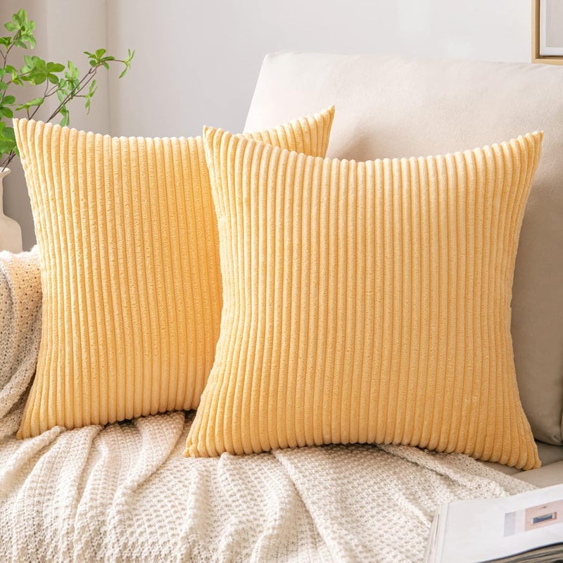 EMEMA Pack of 2 Corduroy Throw Pillow Covers Decorative Soft Striped Square Cushion Cases Pillowcases Spring for Couch Sofa Bedroom Chair Car 20x20 Inch Sunflower Yellow - Image 1