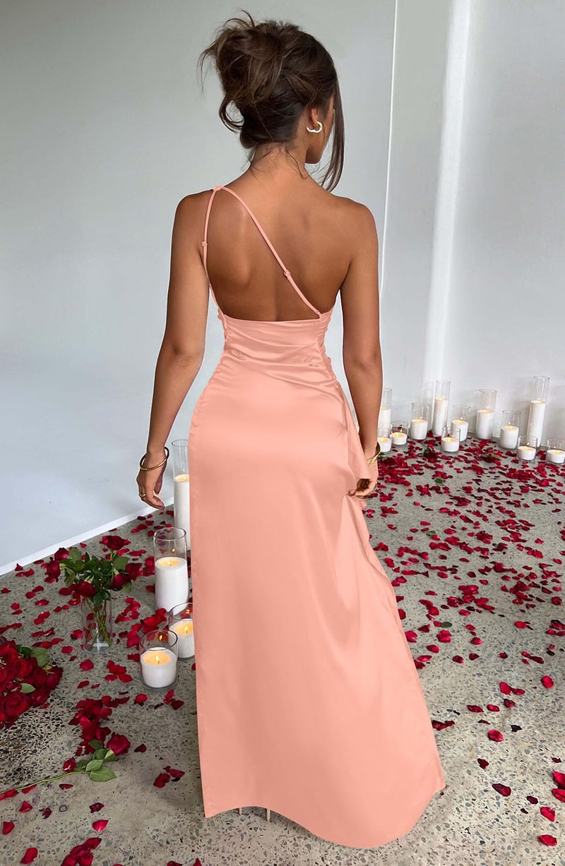 Memoriesea Women's Sexy One Shoulder Satin High Split Cocktail Wedding Party Maxi Dress Pink - Image 5