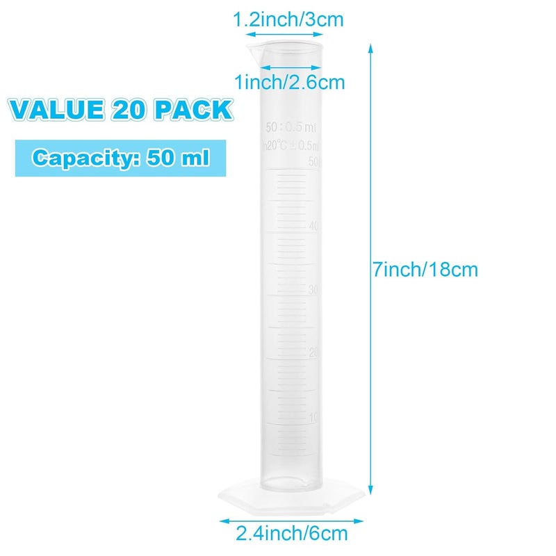 Salco 20 Pack 50 ml Graduated Cylinder Set Plastic Graduated Cylinder for Hydrometer Test Tubes Clear Lab Cylinders with Raised Marking Spout Measuring Cylinder Flask Beaker for Chemistry Science - Image 2
