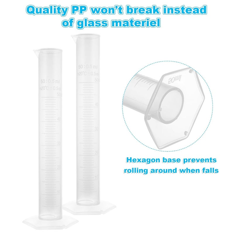 Salco 20 Pack 50 ml Graduated Cylinder Set Plastic Graduated Cylinder for Hydrometer Test Tubes Clear Lab Cylinders with Raised Marking Spout Measuring Cylinder Flask Beaker for Chemistry Science - Image 3