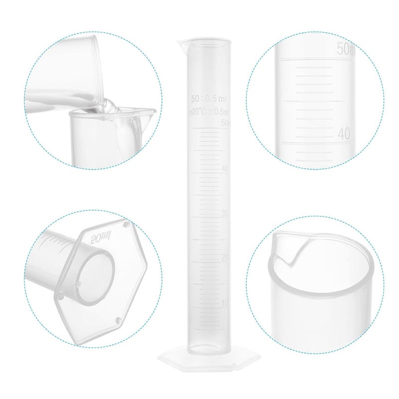 Salco 20 Pack 50 ml Graduated Cylinder Set Plastic Graduated Cylinder for Hydrometer Test Tubes Clear Lab Cylinders with Raised Marking Spout Measuring Cylinder Flask Beaker for Chemistry Science - Image 4