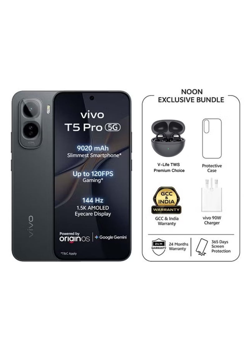 فيفو T5 Pro 5G AI Dual SIM Black 8GB 256GB With Exclusive Gifts: TWS Premium Choice, 90W charger, Protective Cover And 24 Months Warranty + 1 Year Screen Replacement - Middle East Version - Image 1