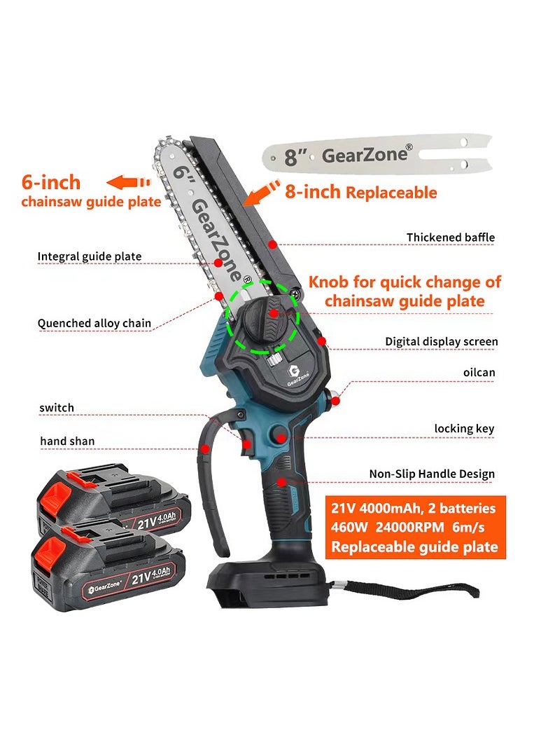 GearZone - Cordless Chainsaw 6 and 8 Inches, 2-in-1 Mini Chainsaw with 2pcs Batteries and Charger, Small Chainsaw Portable Wood Cutter One-Handed Chainsaw for Trees, Gardening, Forests (Blue) - Image 1