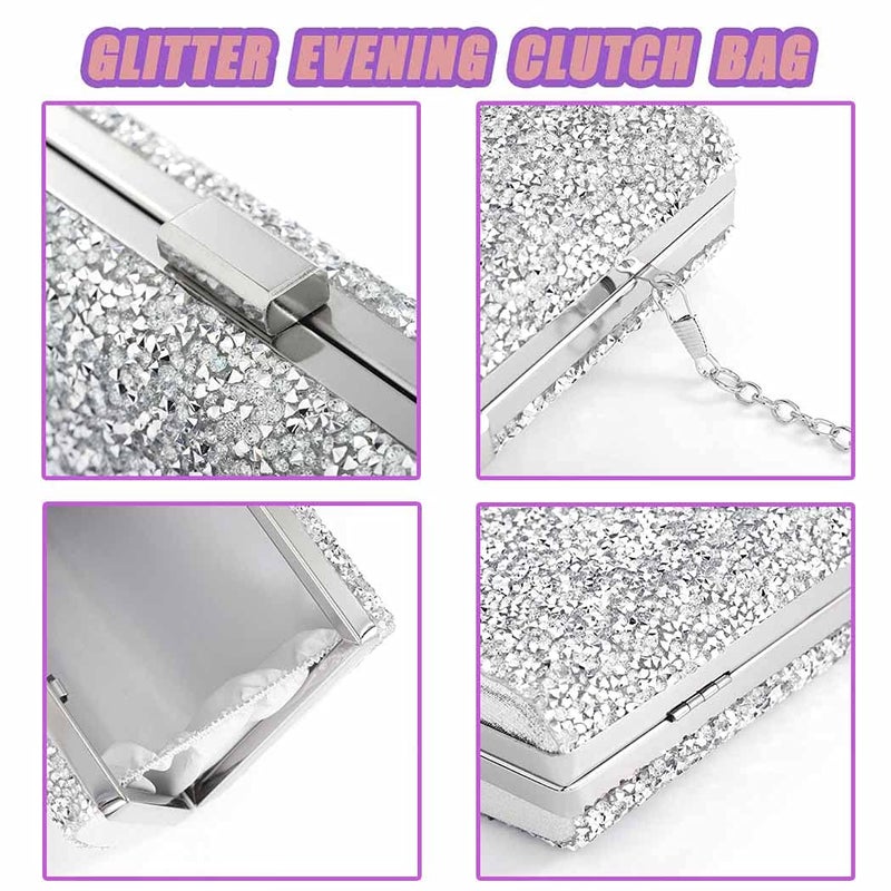 ELABEST Rhinestone Evening Clutch Bag Sparkly Silver Bling Purse for Women Formal Wedding Double Sided Diamond Handbag (Silver) - Image 2