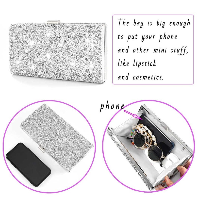 ELABEST Rhinestone Evening Clutch Bag Sparkly Silver Bling Purse for Women Formal Wedding Double Sided Diamond Handbag (Silver) - Image 5