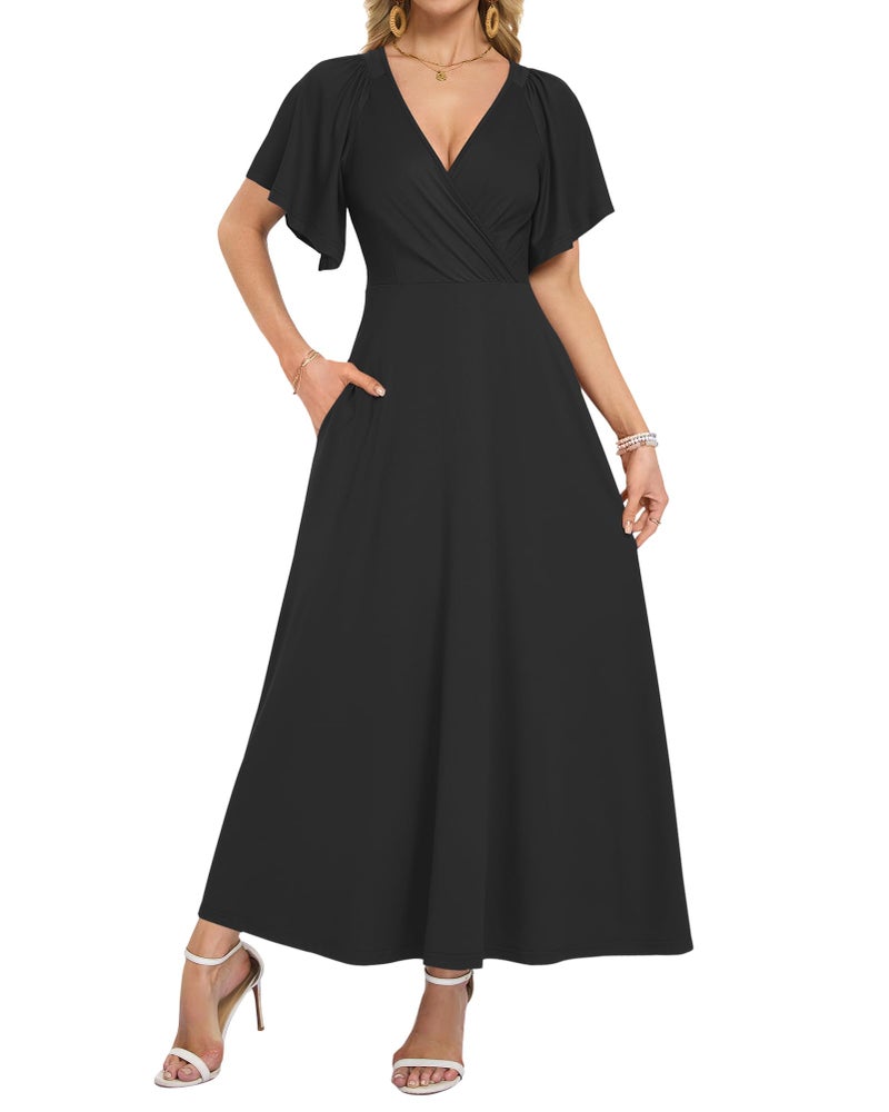 AUSELILY Maxi Dresses Women 2026 Summer Long Flowy Wrap Dress Ruffle Sleeve Deep V Neck Formal Funeral Dress with Pockets Black S - Image 1