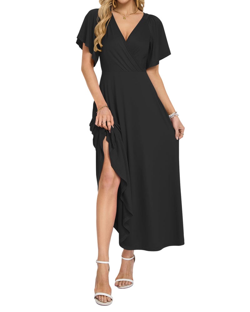 AUSELILY Maxi Dresses Women 2026 Summer Long Flowy Wrap Dress Ruffle Sleeve Deep V Neck Formal Funeral Dress with Pockets Black S - Image 2