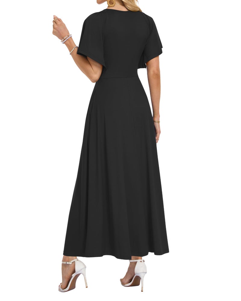 AUSELILY Maxi Dresses Women 2026 Summer Long Flowy Wrap Dress Ruffle Sleeve Deep V Neck Formal Funeral Dress with Pockets Black S - Image 4