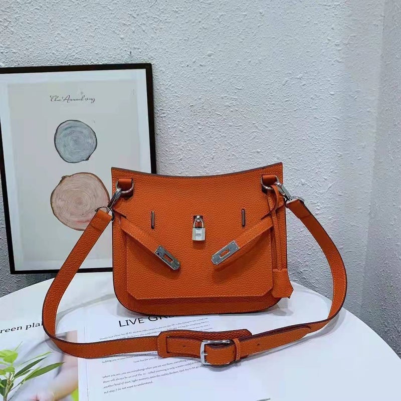 High-End New Style Cowhide Kelly Bag Gypsy Bag Lychee Pattern Lock Buckle Shoulder Bag Casual All-Match Crossbody Bag Trendy - Image 3