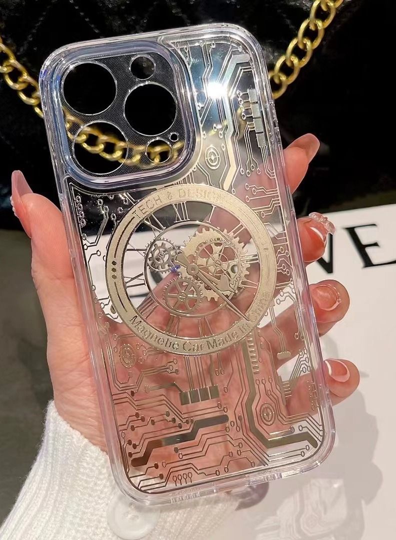MagSafe Magnetic Case for iPhone 13 Pro Max Punk Mechanical Transparent Gold Phone Case
