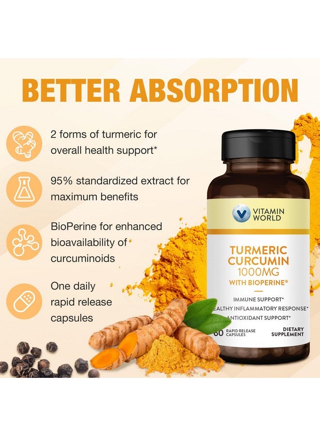 VITAMIN WORLD فيتامين وورلد كركم كركومين 1000 ملغ، مستخلص فلفل أسود بيوبيرين لامتصاص أفضل، 95% كركومينويد، مكمل كركم لدعم مضادات الأكسدة والمفاصل، خالي من الغلوتين، 60 كبسولة - Image 5