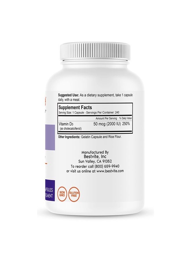 BESTVITE Vitamin D 2000 IU (240 Capsules) - No Stearates - Non GMO - Gluten Free - Image 1